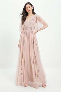 Украшенное платье макси с очень короткими рукавами и цветочным узором Maya, розовый