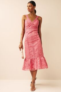 Приталенное кружевное платье миди с V-образным вырезом Maya, розовый
