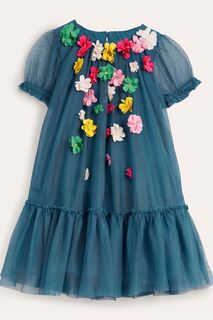 Платье-трапеция с расклешенным тюлем и воздушным цветочным мотивом Boden, синий