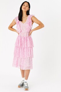Розовое платье миди с цветочным узором и рюшами Accessorize, розовый
