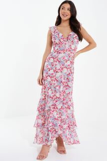 Шифоновое платье-макси с цветочным узором и многослойным подолом Quiz, розовый