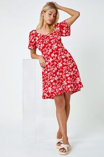 Мини-платье с цветочным принтом и рюшами внизу Dusk, красный D.U.S.K