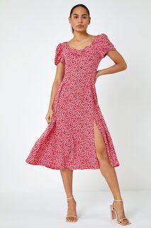 Платье миди с мелким цветочным принтом и бантиком Dusk, красный D.U.S.K
