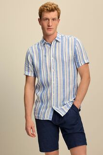 Рубашка с короткими рукавами и узором в полоску из смесового льна Next, синий