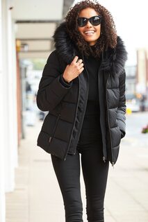 Черное элегантное утепленное пальто с отделкой из искусственного меха Sosandar, черный