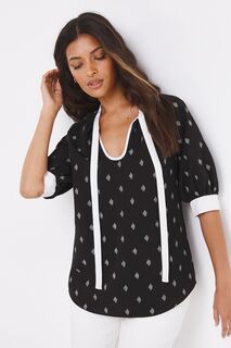Блузка с моно-цветочным контрастом и завязками на вырезе JD Williams, черный