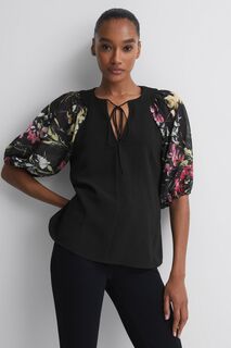 Блузка с рукавами-фонариками с цветочным мотивом Florere, черный