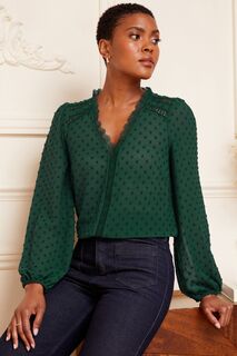 Блузка из ткани добби с длинными рукавами с V-образным вырезом и кружевной отделкой Love &amp; Roses, зеленый