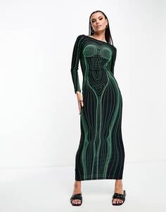 Платье макси The Kript Body Illusion Bodycon, черный/зеленый