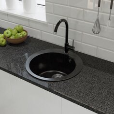 Мойка кухонная врезная, GranFest, Rondo, искусственный мрамор, 475 мм, + сифон, черная, GF-R480