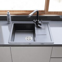 Мойка кухонная врезная, GranFest, Quadro, искусственный мрамор, 650х500 мм, + сифон, черная, GF-Q650L