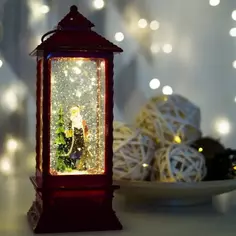 Фонарь декоративный светодиодный с эффектом снегопада «Дед Мороз», 14 см, пластик, тёплый белый свет, цвет красный Без бренда