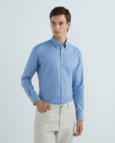 Мужская спортивная рубашка стандартного кроя, 100% хлопок NON IRON, голубая фланель, воротник с заостренными пуговицами, манжеты по краю Rushmore, синий