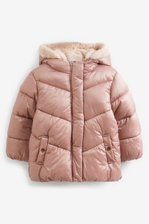 Утепленная куртка металлик с капюшоном из искусственного меха Next, розовый
