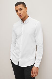 Рубашка узкого кроя из оксфорда стрейч с длинными рукавами Next, белый