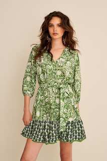 Мини-платье с цветочным принтом длинными рукавами и завязкой на талии Next, зеленый