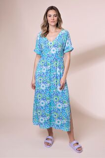 Ностальгическое синее платье миди EcoVero с короткими рукавами и цветочным узором Anorak, синий