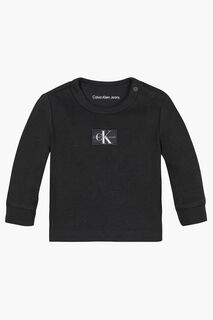 Черная детская футболка с длинными рукавами в рубчик и монограммой Calvin Klein Jeans, черный