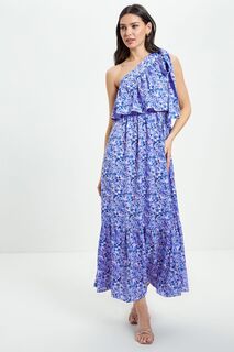 Платье макси на одно плечо со сборками и цветочным мотивом Y.A.S, синий