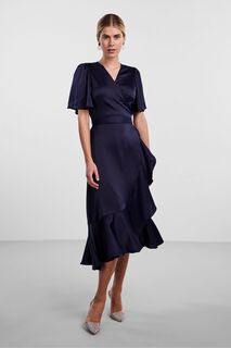 Атласное платье миди с короткими рукавами вырезом-конвертом рюшами и декоративными сборками Y.A.S, синий