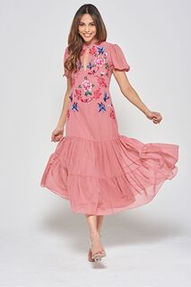 Розовое платье миди с вышивкой Frock and Frill, розовый