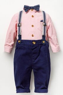 Розовый детский комплект из трех предметов боди с галстуком-бабочкой брюки и подтяжки Little Gent, розовый