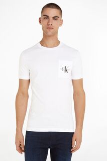 Приталенная джинсовая футболка с логотипом и карманом Calvin Klein, белый
