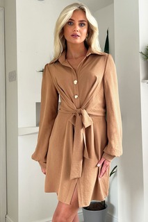 Платье-мини-рубашка светло-коричневого цвета натурального цвета с завязкой спереди и застежкой на пуговицы AX Paris