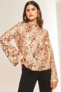 Блуза с высоким вырезом и пайетками на расклешенных рукавах Lipsy, розовый