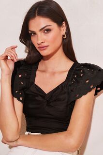 Блузка с вышитыми рукавами и перекрученным передом Lipsy, черный