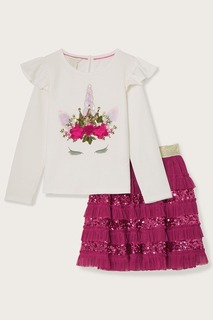 Розовый комплект из блузки и юбки с единорогом Monsoon, розовый