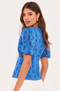 Блузка с рукавами-фонариками и английской вышивкой Lipsy, синий
