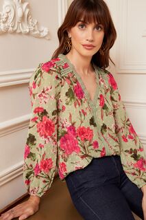 Блузка из ткани добби с длинными рукавами с V-образным вырезом и кружевной отделкой Love &amp; Roses