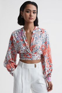 Укороченная блузка Elle с завязками спереди и цветочным принтом Reiss, белый
