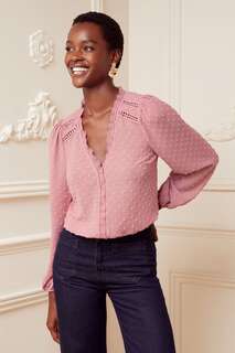 Блузка из ткани добби с длинными рукавами с V-образным вырезом и кружевной отделкой Love &amp; Roses, розовый