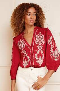 Блуза с контрастным V-образным вырезом английской вышивкой и рукавами 3/4 с застежкой на пуговицы Love &amp; Roses, красный