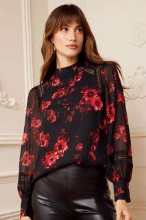 Блуза с длинными рукавами высоким вырезом и кружевной отделкой Черная с цветами Love &amp; Roses, черный