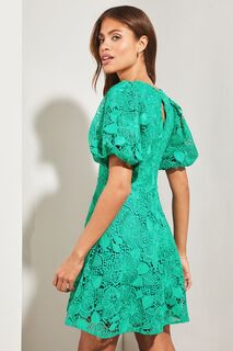 Кружевное мини-платье с расклешенным низом рукавами-фонариками и вырезом в форме сердца Lipsy, зеленый