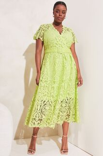 Премиальное кружевное платье миди с короткими рукавами V-образным вырезом и поясом Lipsy, зеленый