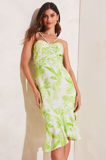 Платье миди со сборками вырезом через шею и перекрученным передом Lipsy, зеленый