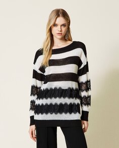 Женский полосатый свитер с кружевом Twinset, черный
