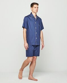 Мужская короткая однотонная атласная хлопковая пижама темно-синего цвета Mirto, темно-синий