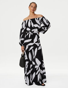 Пляжное платье Midaxi из чистого хлопка с принтом Bardot Marks &amp; Spencer, белый микс