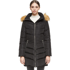 Пуховик Orolay Water Resistant Stripe Waist Hooded Faux Fur, черный