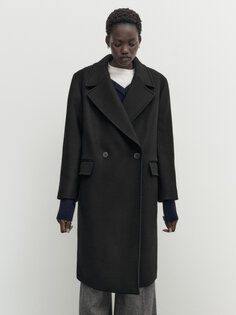 Черное комфортное пальто из полушерсти Massimo Dutti, черный