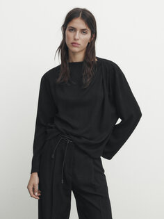 Блузка с длинными рукавами и драпированной деталями Massimo Dutti, черный