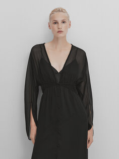 Платье кафтан с рюшами Massimo Dutti, черный
