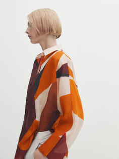 Рубашка рами с геометрическим принтом Massimo Dutti, оранжевый