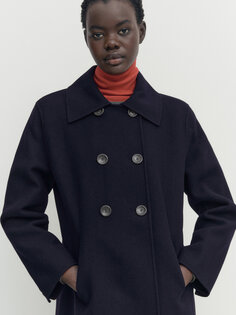 Двубортное пальто полушерстяное Massimo Dutti, темно-синий