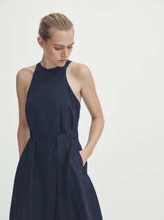 Платье миди из поплин с поясом Massimo Dutti, темно-синий